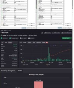collage of FatTrendAI dashboards: software settings windows, trading charts, and a 2026 monthly analytics bar chart with a rising line graph.