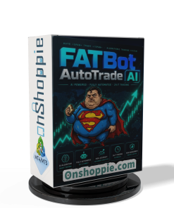 Box for FATBot AutoTrade AI software on a black display stand with Onshoppe branding visible on the side of the box.