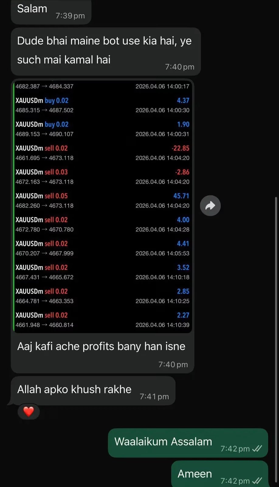 DudeAlphaGoldEAMT5Preview3 OnShoppie WhatsApp chat discussing profits screenshot of a trading app showing XAUUSDm buysell orders and profitloss amounts