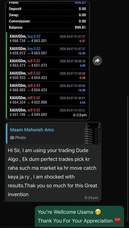 DudeAlphaGoldEAMT5Preview5 OnShoppie Screenshot of a trading app showing XAUUSDm buysell orders prices and a balance of 99981