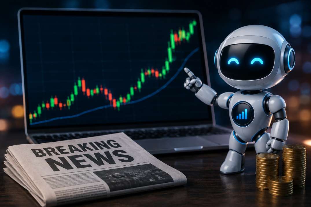 Happy News EA OnShoppie Robot points at an upward trending stock chart on a laptop with a'Breaking News' newspaper and stacked coins on the desk.
