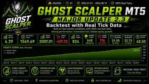 ghostscalpermt5screen5422preview OnShoppie Promo banner for Ghost Scalper MT5 Major Update 23 with backtest data and real tick metrics profit factor 439 net profit 154969 gross profit 200701 gross loss 45732 total trades 824 winning 648 7864 losing 176 2136 max drawdown about 32 date range 2026 01 01 to 2026 08 19 and a green equity curve